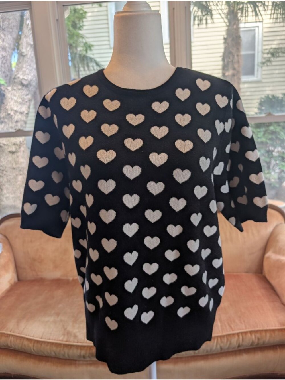 Women's NWT Black White Hearts Chelsea & Theodore Short-sleeve Knit Top Size XL